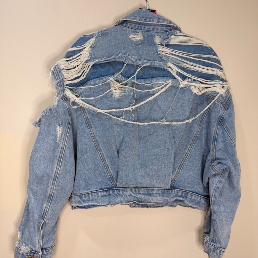 #163 SIGNATURE EIGHT Distressed Jacket PTP: 24.5" Oversized shredded Denim - Picture 9 of 12